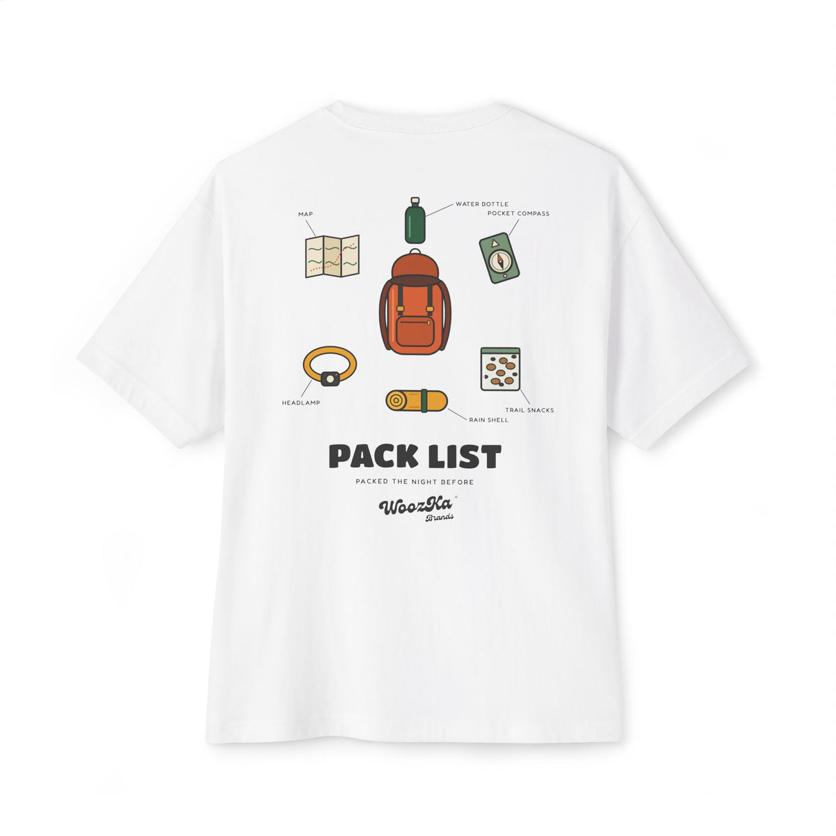 WoozKa Brands Hiking Oversized Tee, Backpacking Gear List Back Print