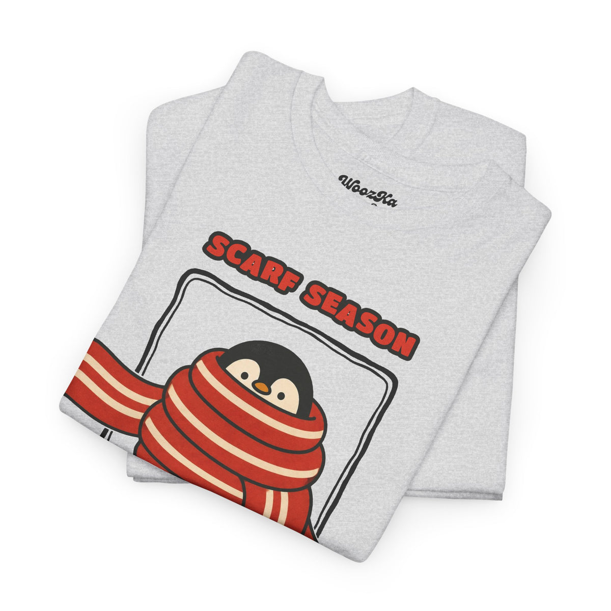 WoozKa Brands Scarf Season Penguin Heavy Cotton T-Shirt, Front Graphic