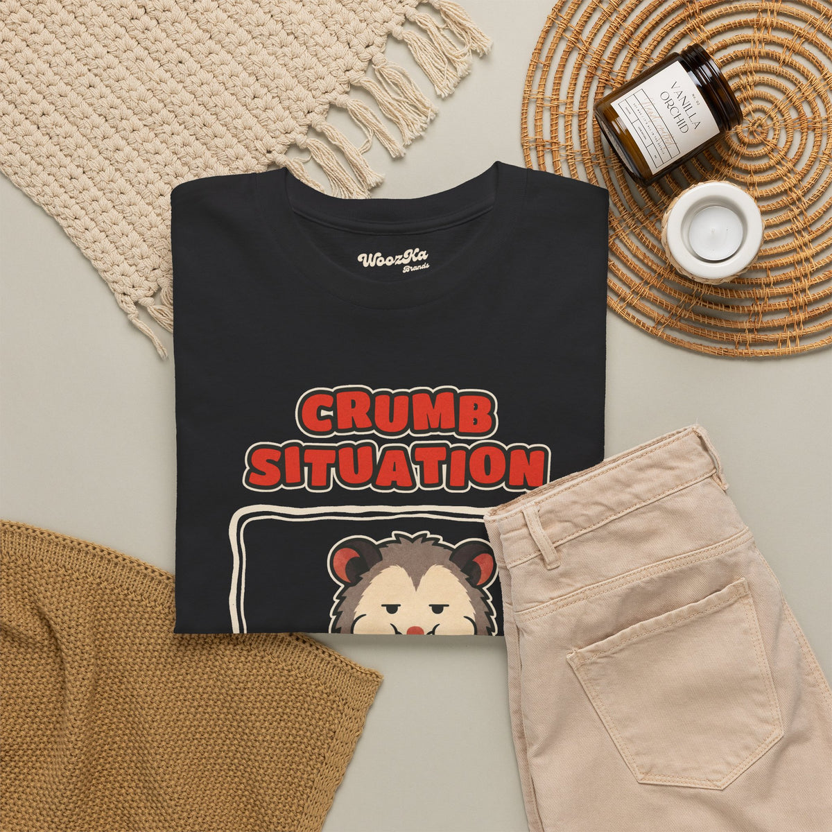 WoozKa Brands Crumb Situation Opossum Heavy Cotton T-Shirt, Front Graphic