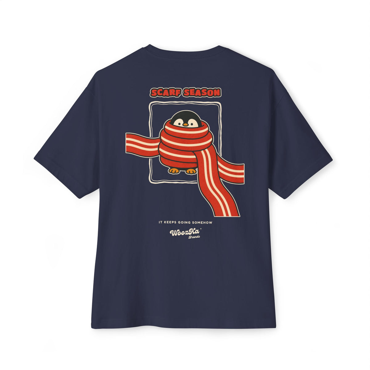WoozKa Brands Scarf Season Penguin Oversized Boxy T-Shirt, Two-Sided