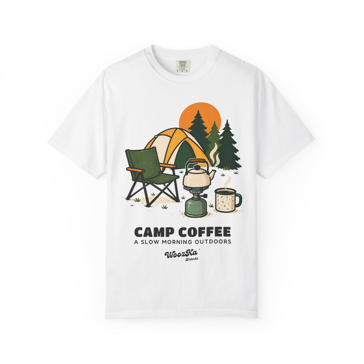 WoozKa Brands Camping Coffee Heavyweight Tee, Outdoor Tent Front Print
