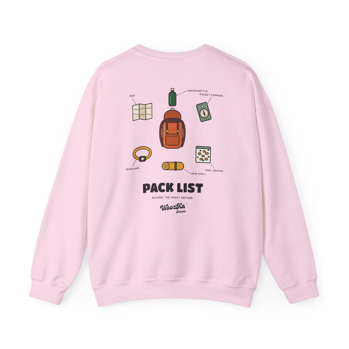WoozKa Brands Hiking Sweatshirt, Backpacking Gear List Back Print