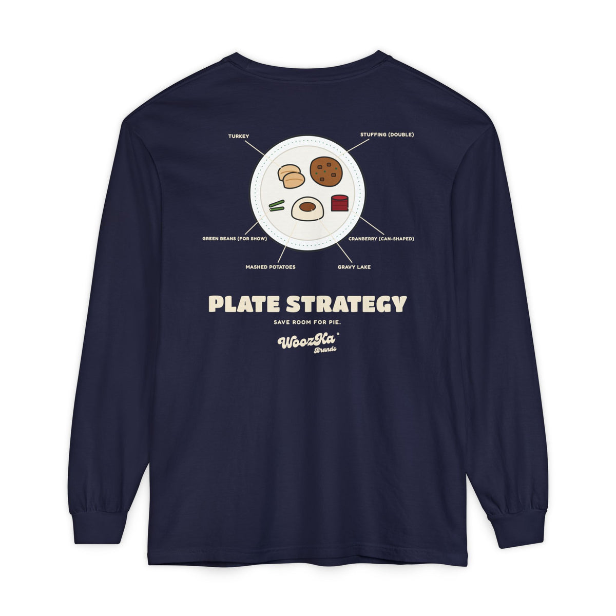 WoozKa Brands Funny Thanksgiving Long Sleeve Tee, Turkey Dinner Back Print
