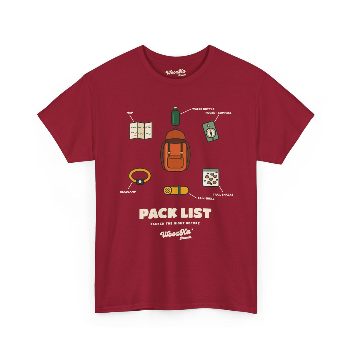 WoozKa Brands Hiking T-Shirt, Backpacking Gear List Front Print