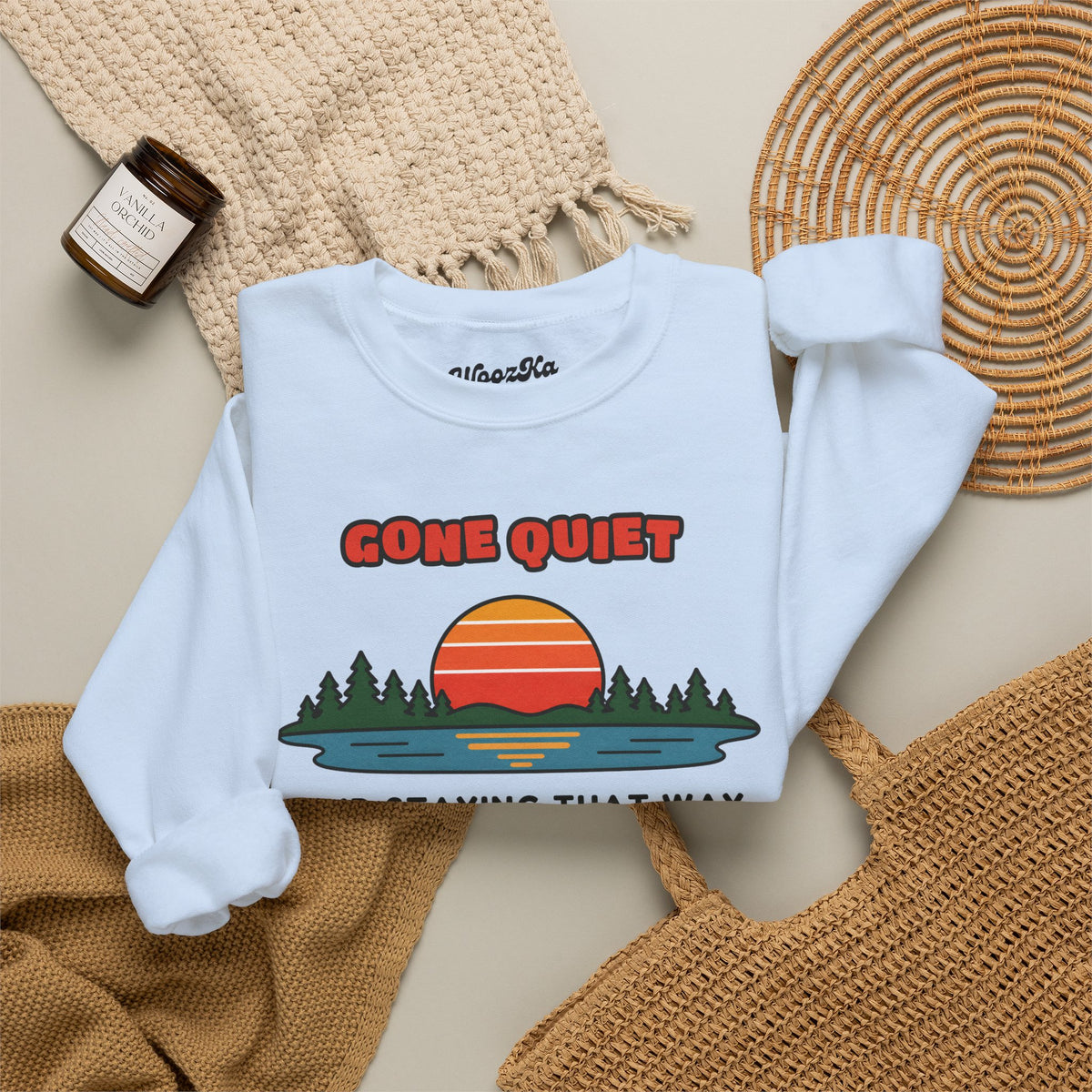 WoozKa Brands Retro Sunset Lake Sweatshirt, Nature Outdoors Front Print
