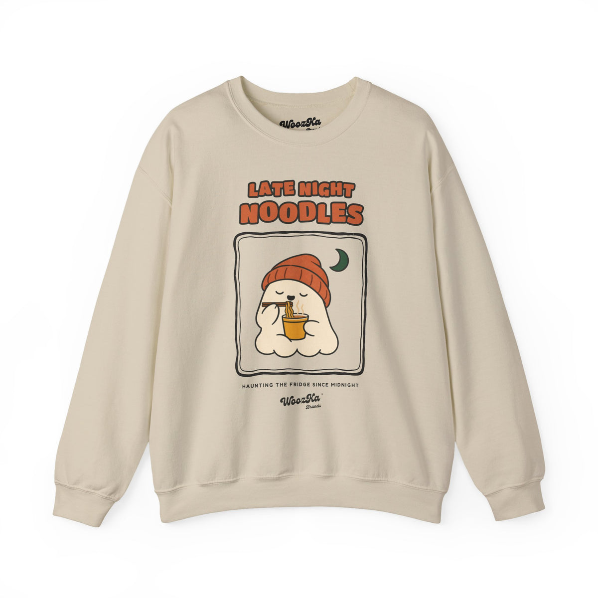 WoozKa Brands Late Night Noodles Ghost Crewneck Sweatshirt, Front Graphic