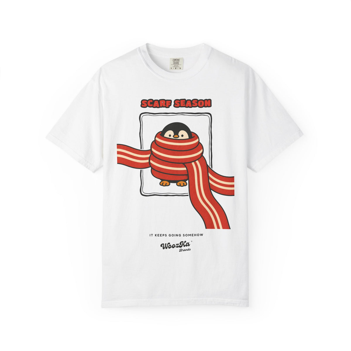 WoozKa Brands Scarf Season Penguin Garment-Dyed T-Shirt, Front Graphic