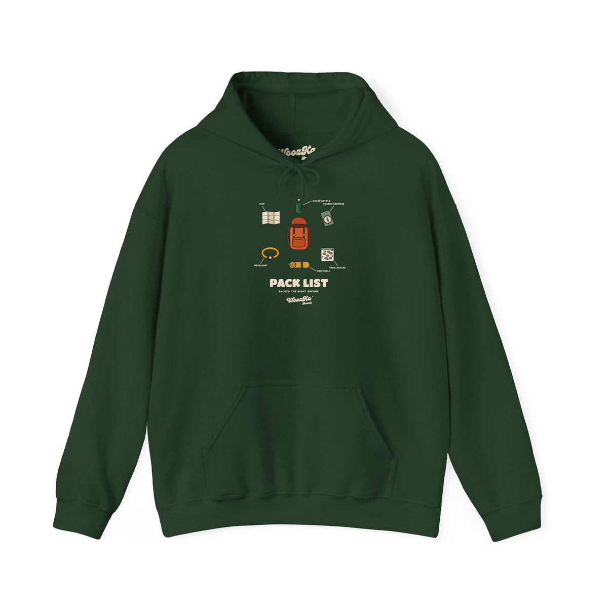 WoozKa Brands Hiking Hoodie, Backpacking Gear List Front Print