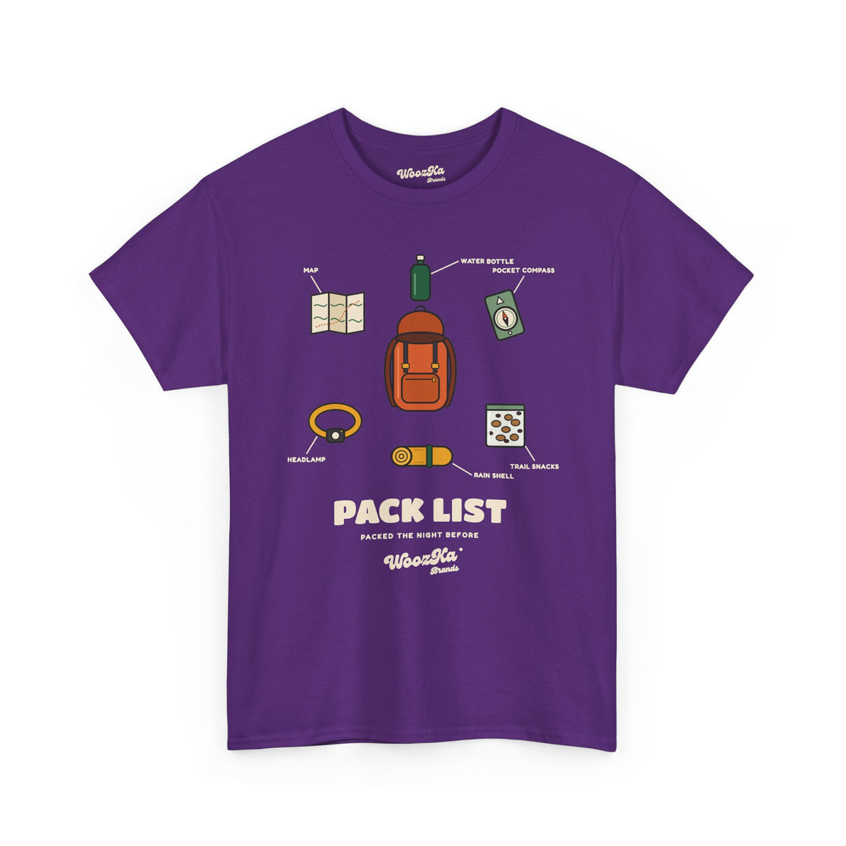 WoozKa Brands Hiking T-Shirt, Backpacking Gear List Front Print