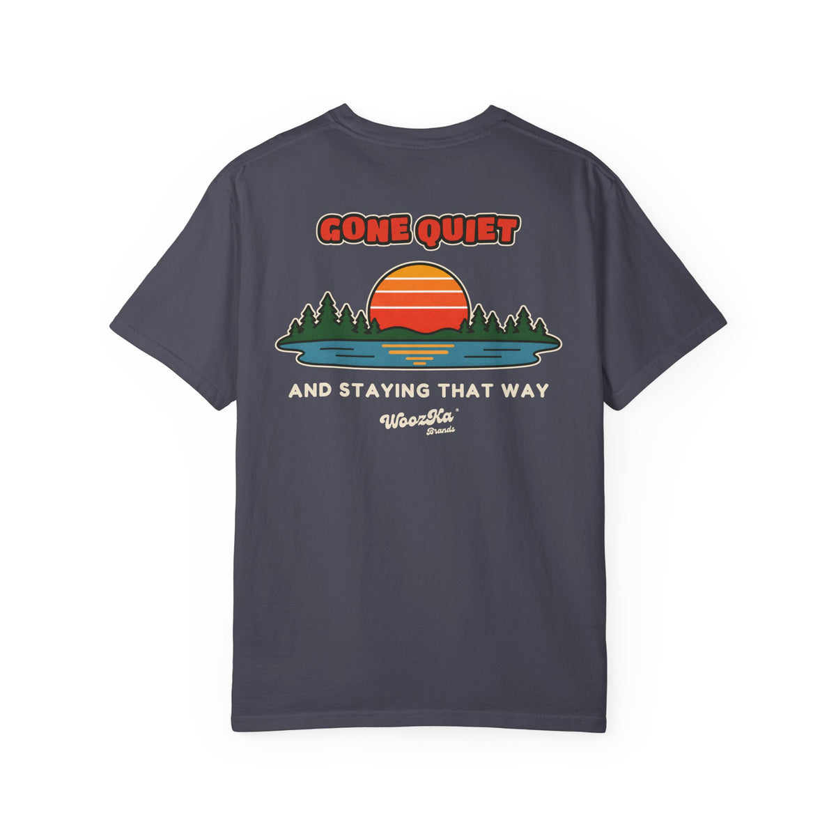 WoozKa Brands Retro Sunset Lake Heavyweight Tee, Nature Outdoors Back Print