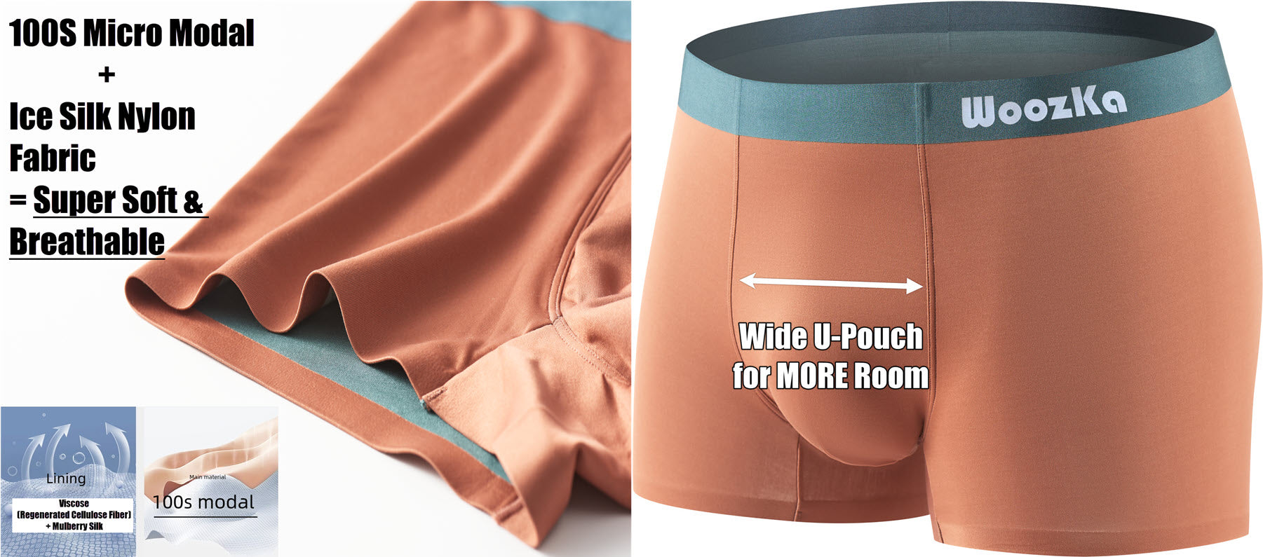 Mens Underwear Super Soft Modal Breathable Seamless Boxer Briefs, Tagless Big U Pouch Trunk