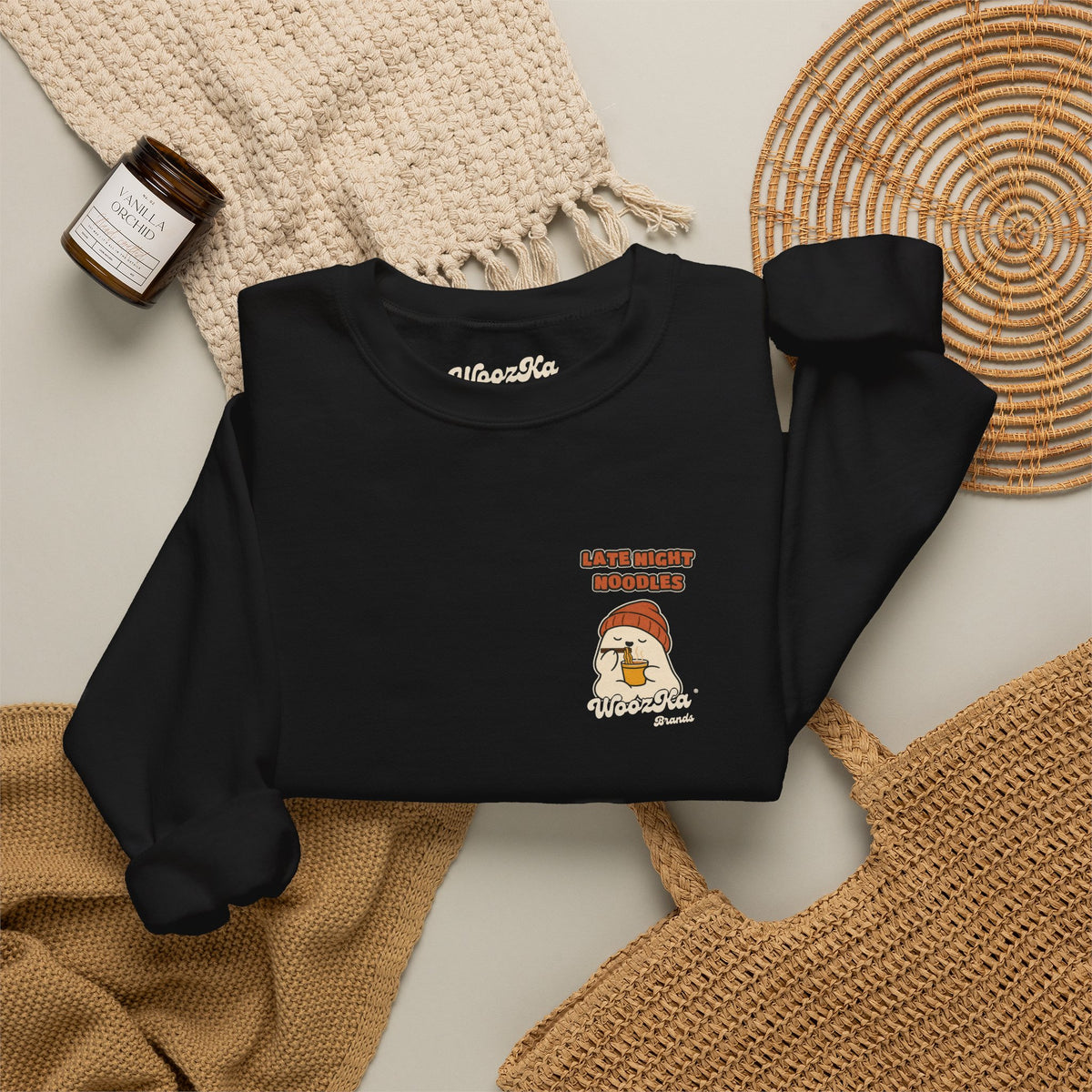 WoozKa Brands Late Night Noodles Ghost Crewneck Sweatshirt, Two-Sided