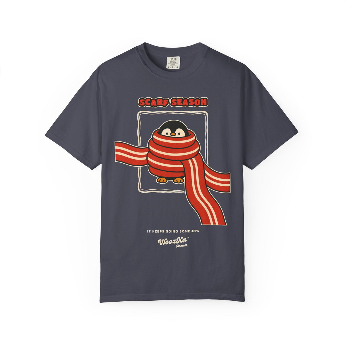 WoozKa Brands Scarf Season Penguin Garment-Dyed T-Shirt, Front Graphic