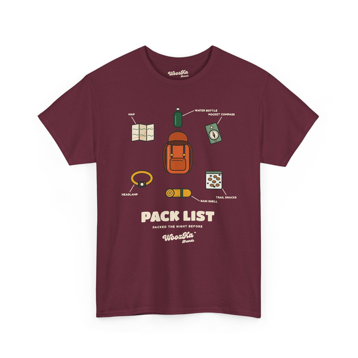 WoozKa Brands Hiking T-Shirt, Backpacking Gear List Front Print