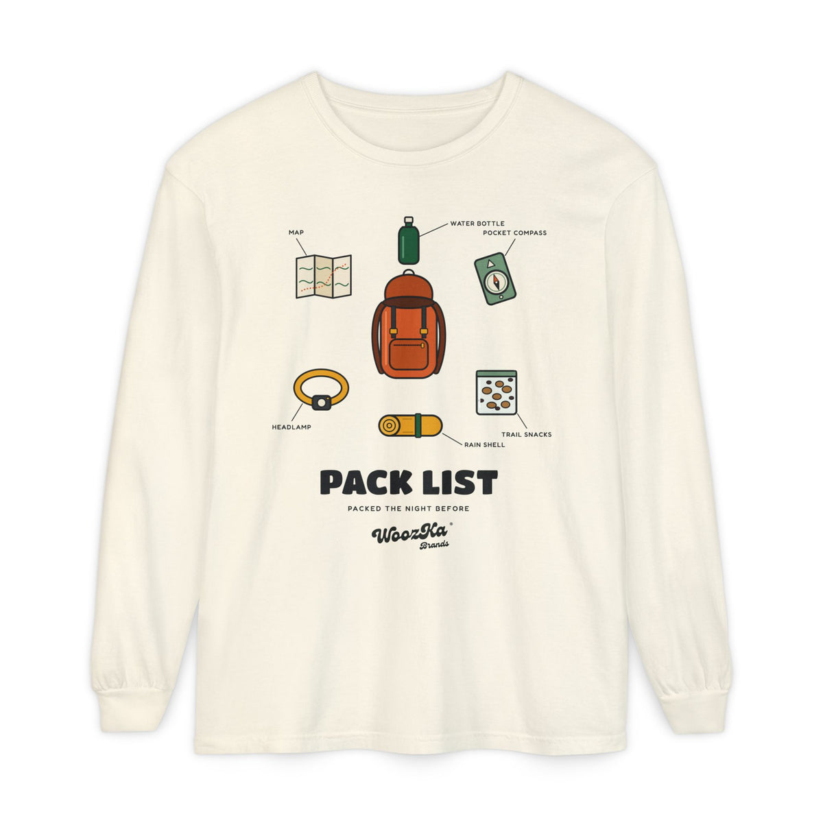 WoozKa Brands Hiking Long Sleeve Tee, Backpacking Gear List Front Print