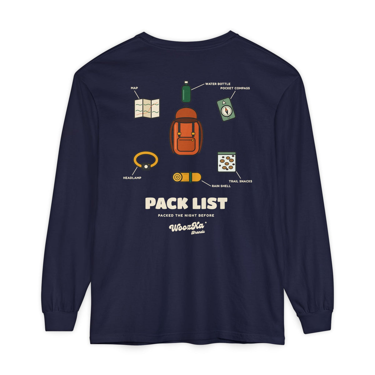 WoozKa Brands Hiking Long Sleeve Tee, Backpacking Gear List Back Print