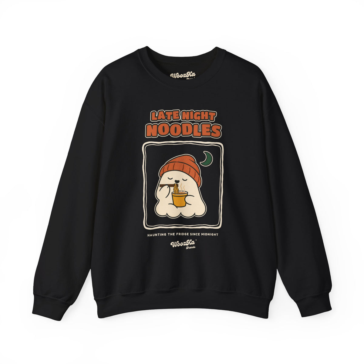 WoozKa Brands Late Night Noodles Ghost Crewneck Sweatshirt, Front Graphic
