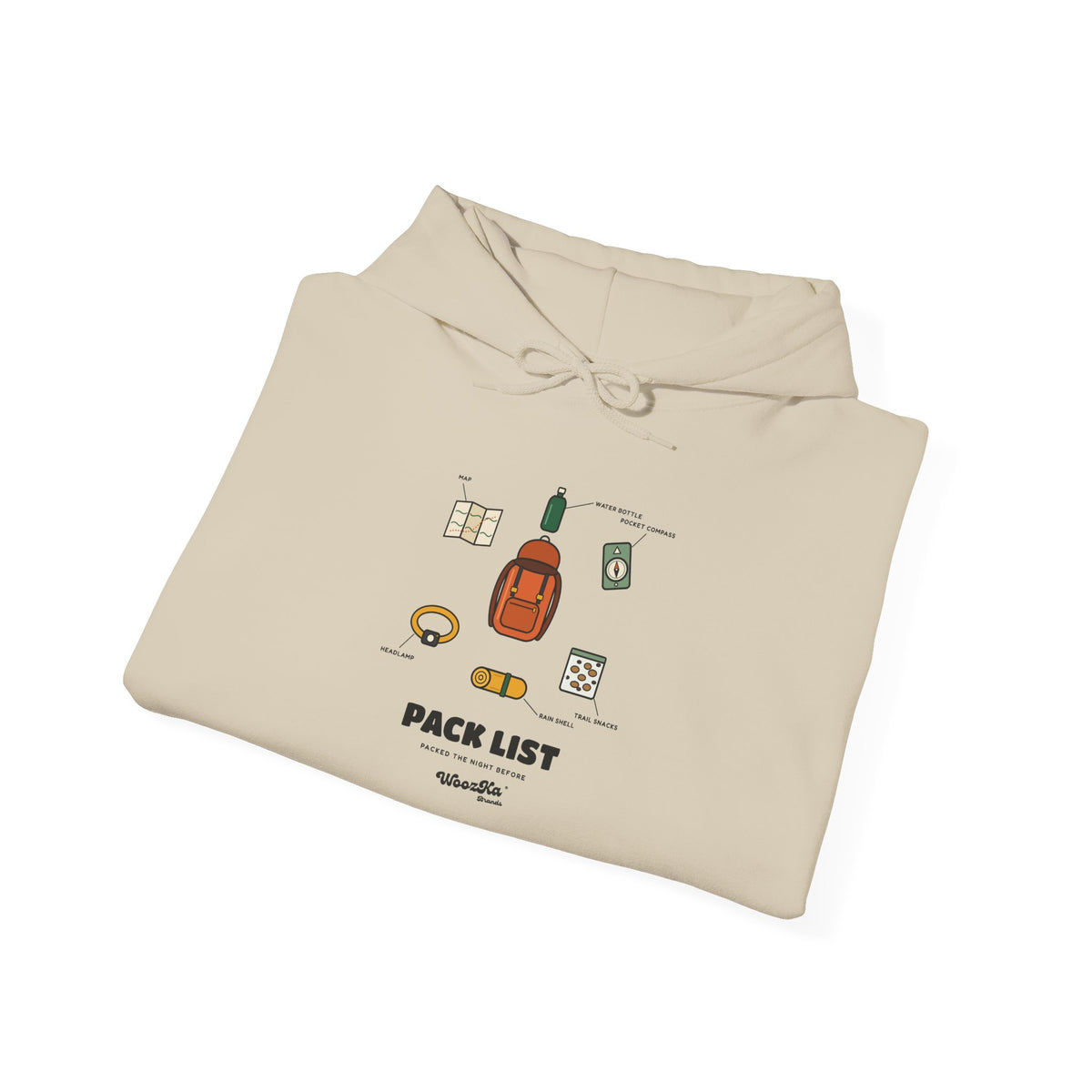 WoozKa Brands Hiking Hoodie, Backpacking Gear List Front Print