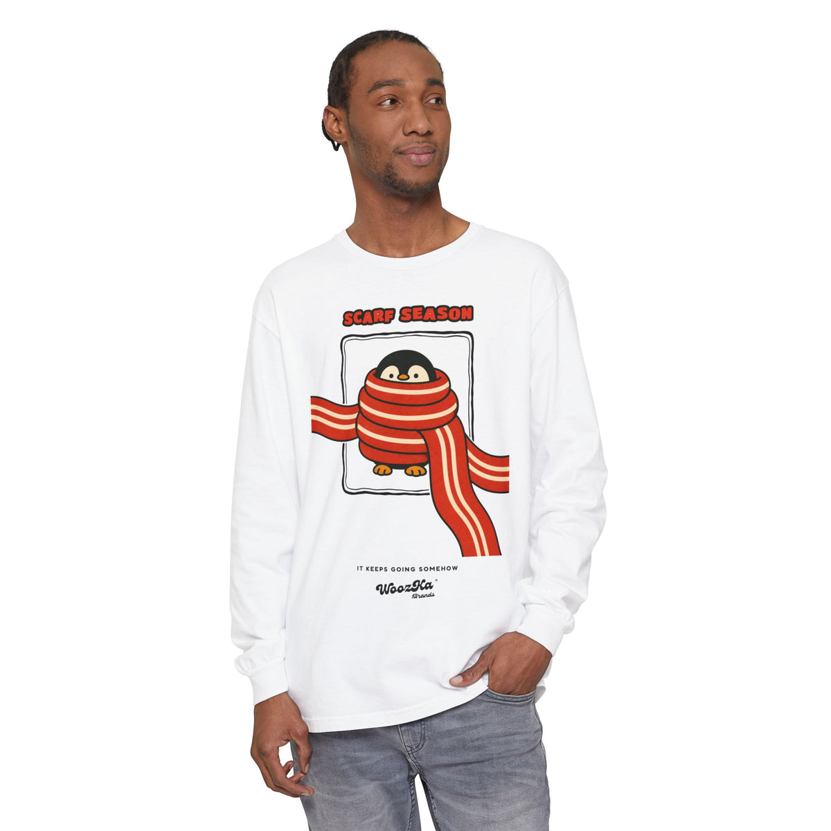 WoozKa Brands Scarf Season Penguin Long Sleeve T-Shirt, Front Graphic