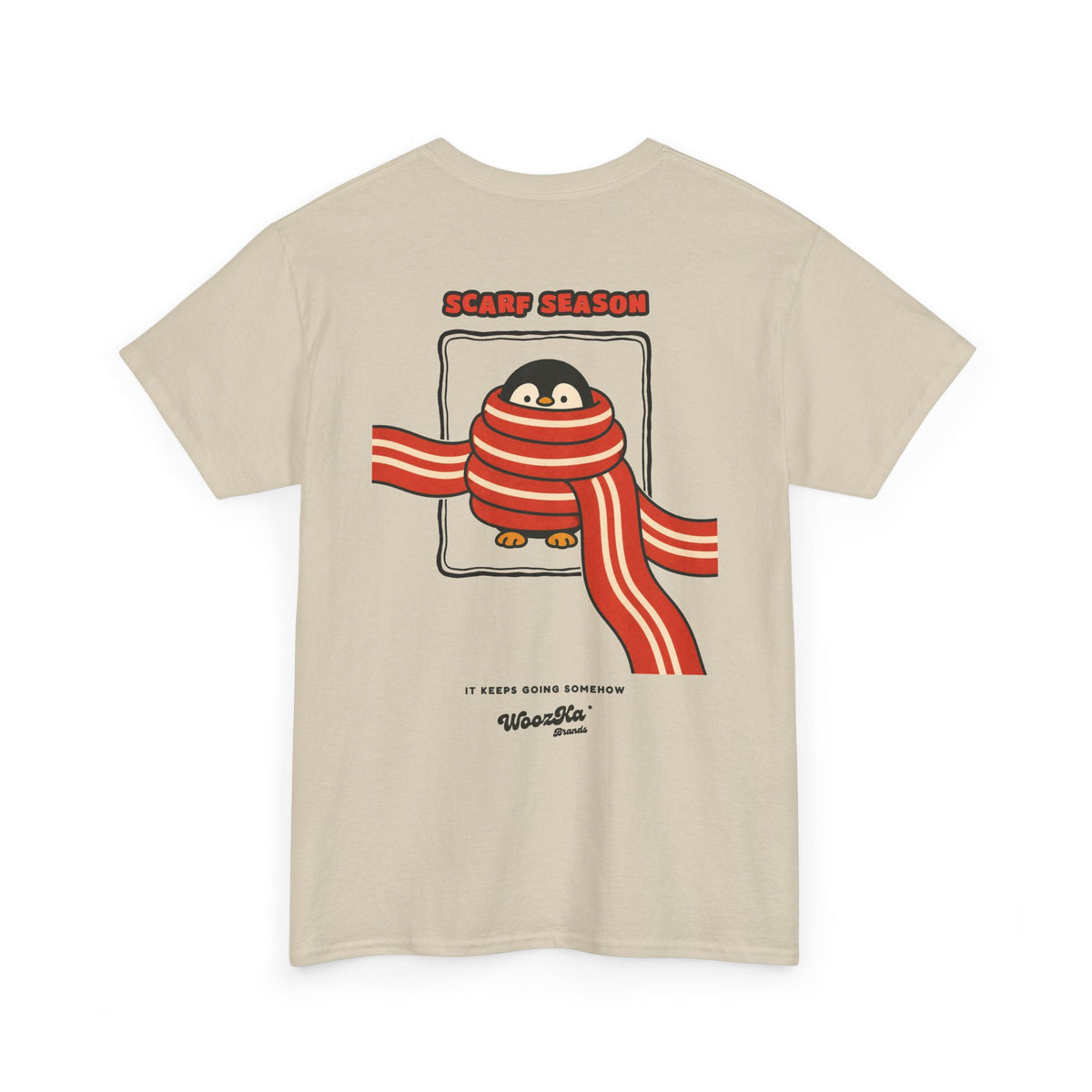 WoozKa Brands Scarf Season Penguin Heavy Cotton T-Shirt, Two-Sided Graphic