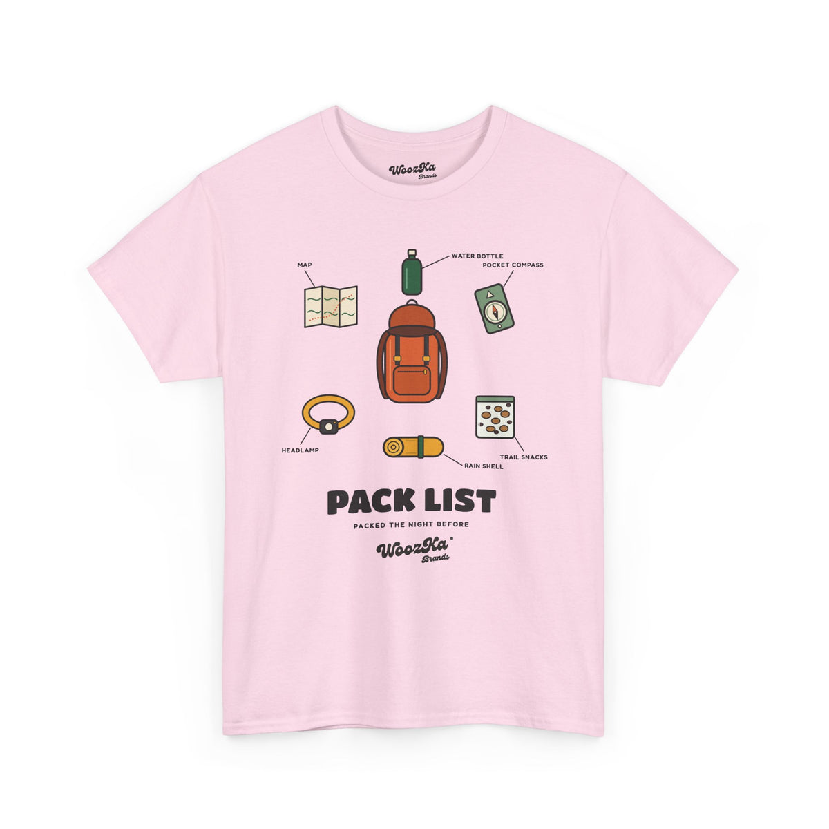 WoozKa Brands Hiking T-Shirt, Backpacking Gear List Front Print