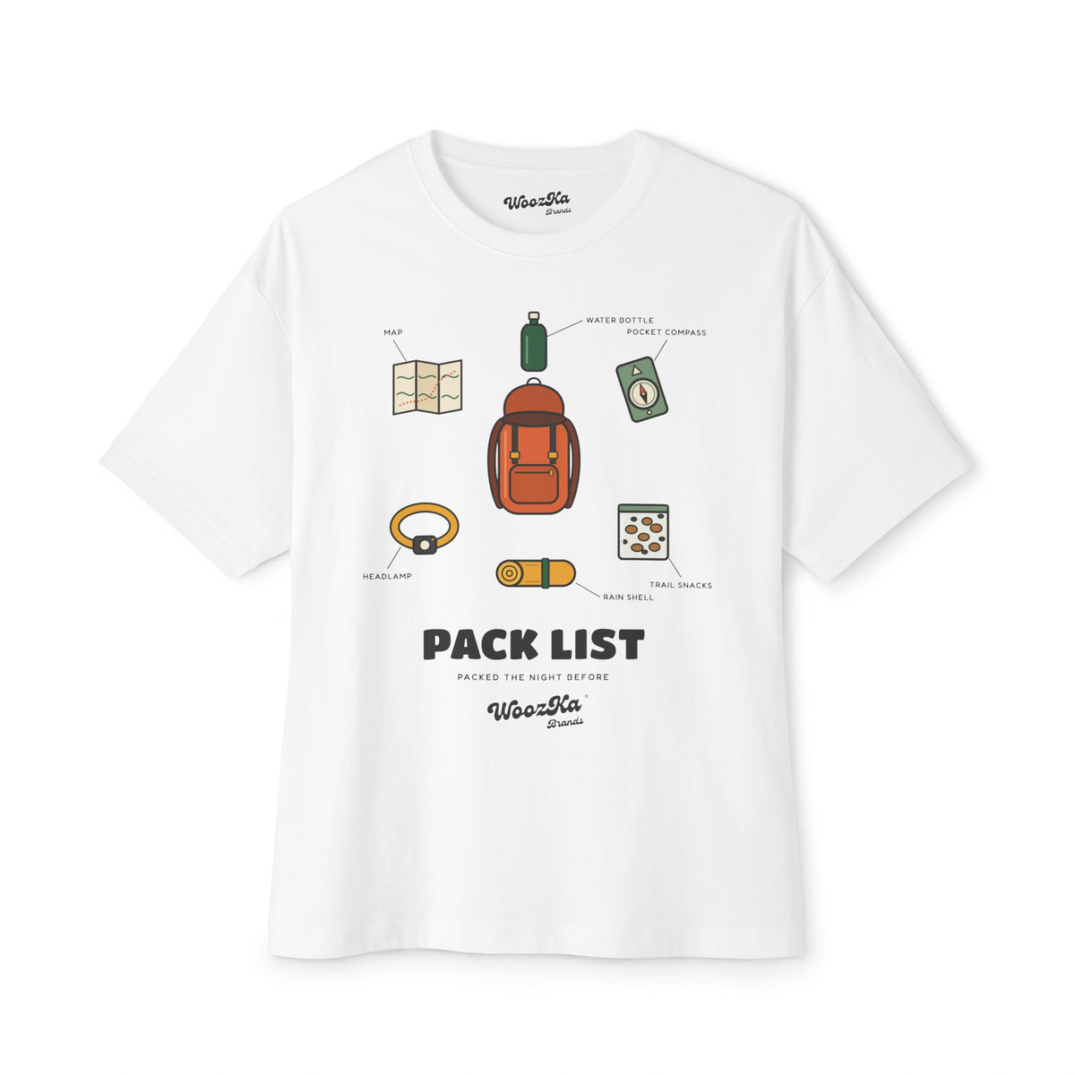 WoozKa Brands Hiking Oversized Tee, Backpacking Gear List Front Print