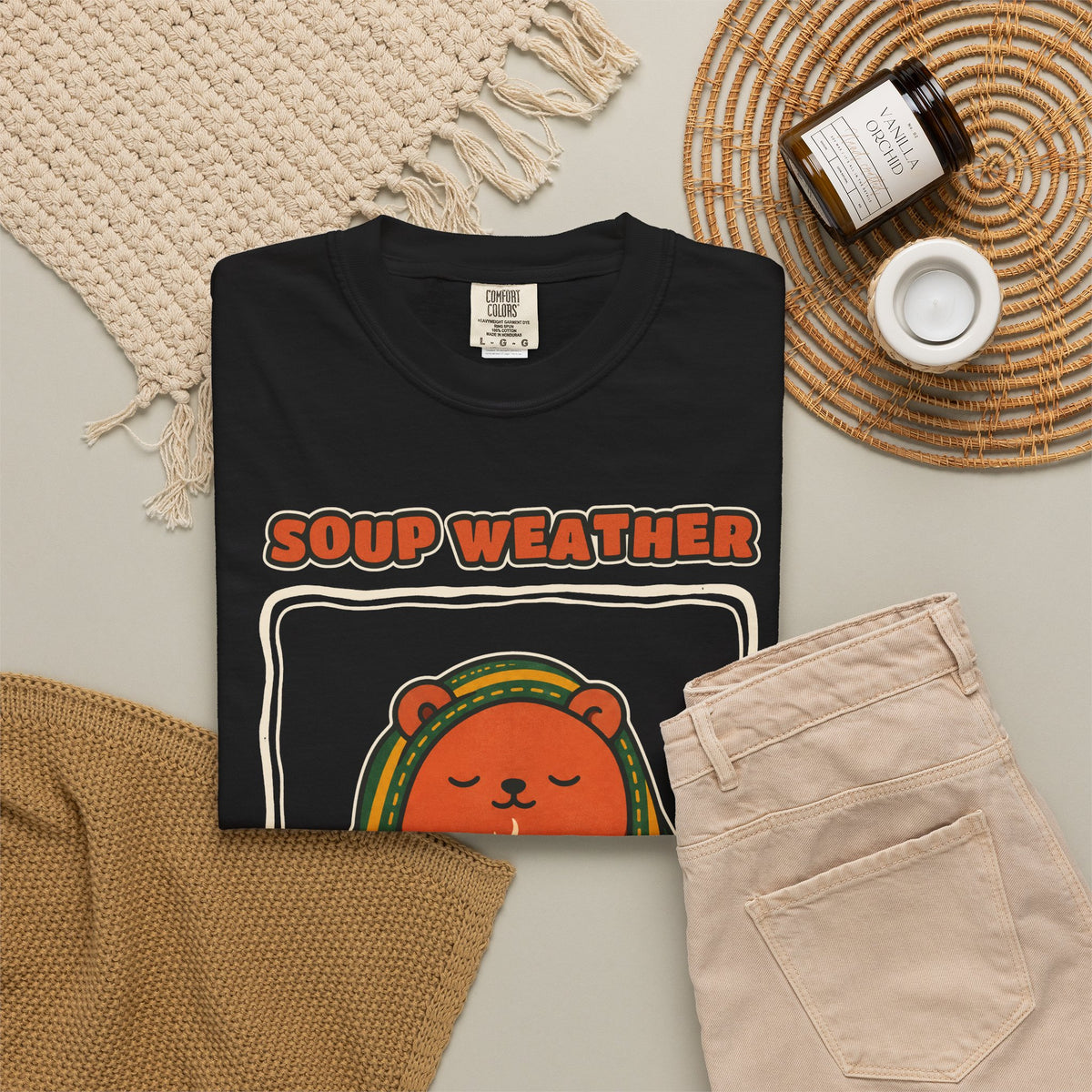 WoozKa Brands Soup Weather Bear Garment-Dyed T-Shirt, Front Graphic