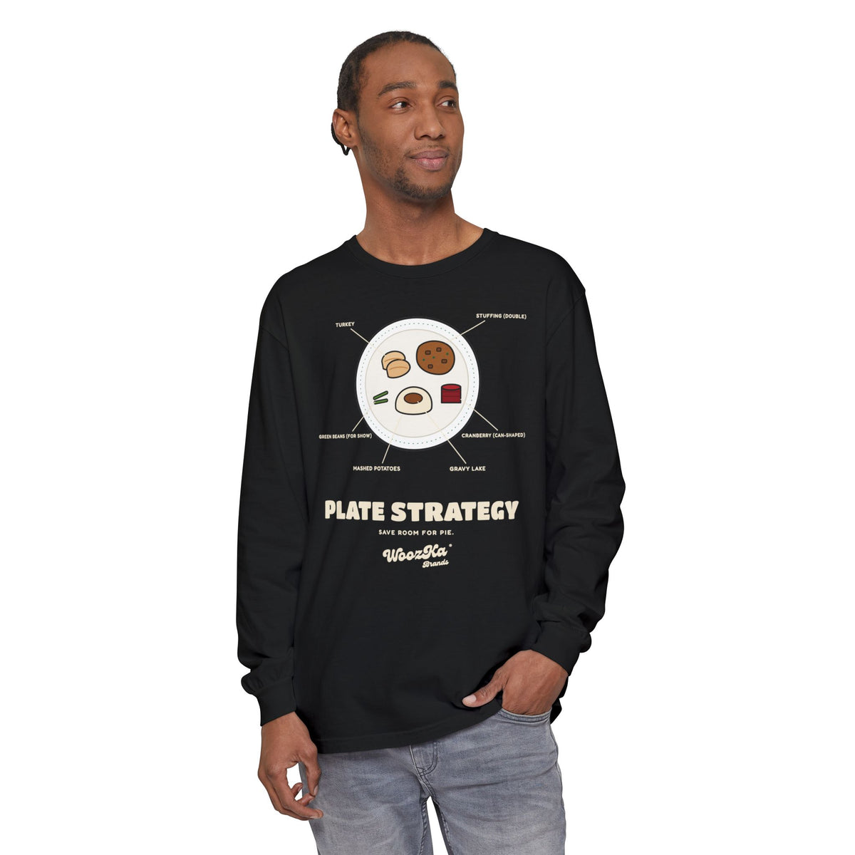 WoozKa Brands Funny Thanksgiving Long Sleeve Tee, Turkey Dinner Front Print