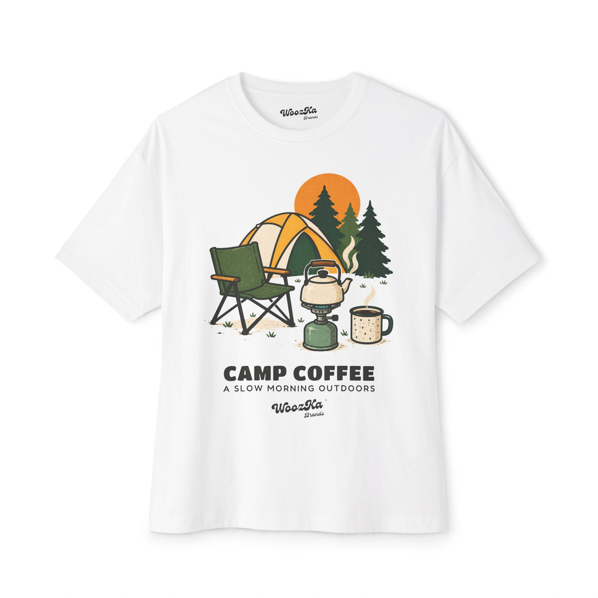 WoozKa Brands Camping Coffee Oversized Tee, Outdoor Tent Kettle Front Print