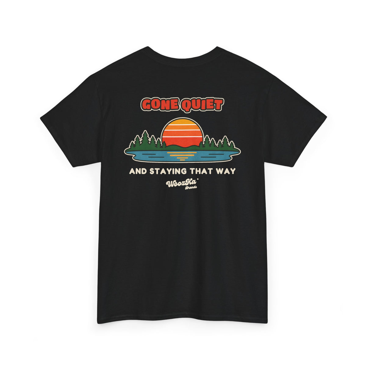 WoozKa Brands Retro Sunset Lake T-Shirt, Nature Outdoors Pine Back Print