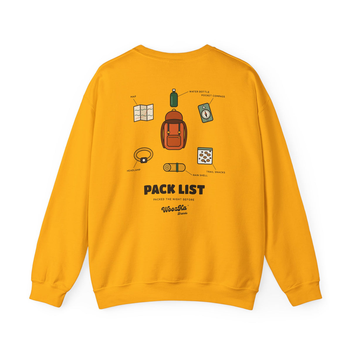 WoozKa Brands Hiking Sweatshirt, Backpacking Gear List Back Print