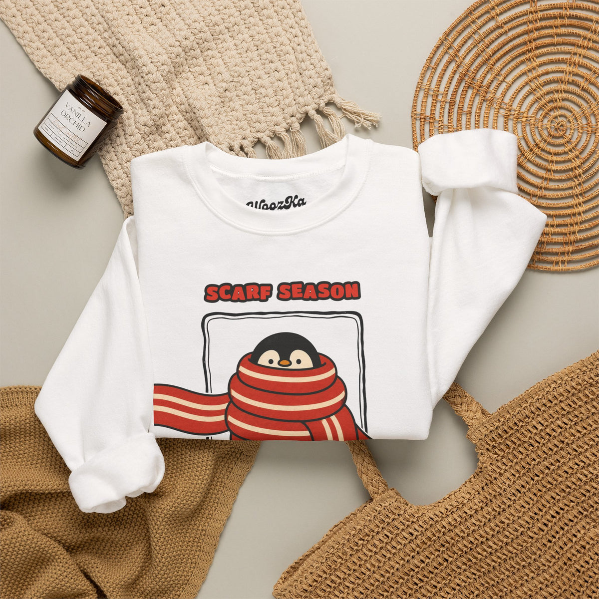 WoozKa Brands Scarf Season Penguin Crewneck Sweatshirt, Front Graphic