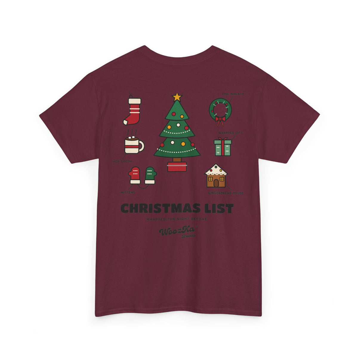 WoozKa Brands Cute Christmas Tree T-Shirt, Holiday List Back Print