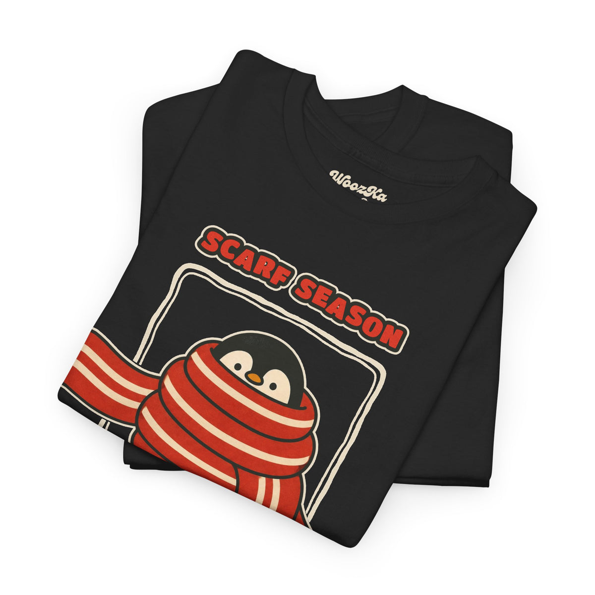 WoozKa Brands Scarf Season Penguin Heavy Cotton T-Shirt, Front Graphic