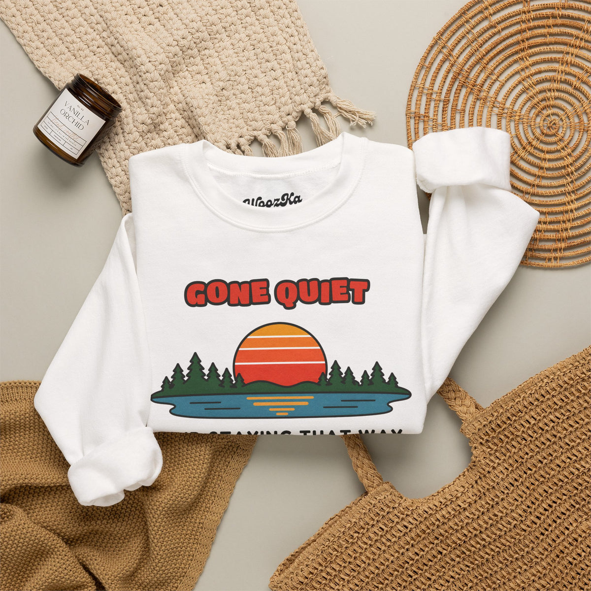 WoozKa Brands Retro Sunset Lake Sweatshirt, Nature Outdoors Front Print