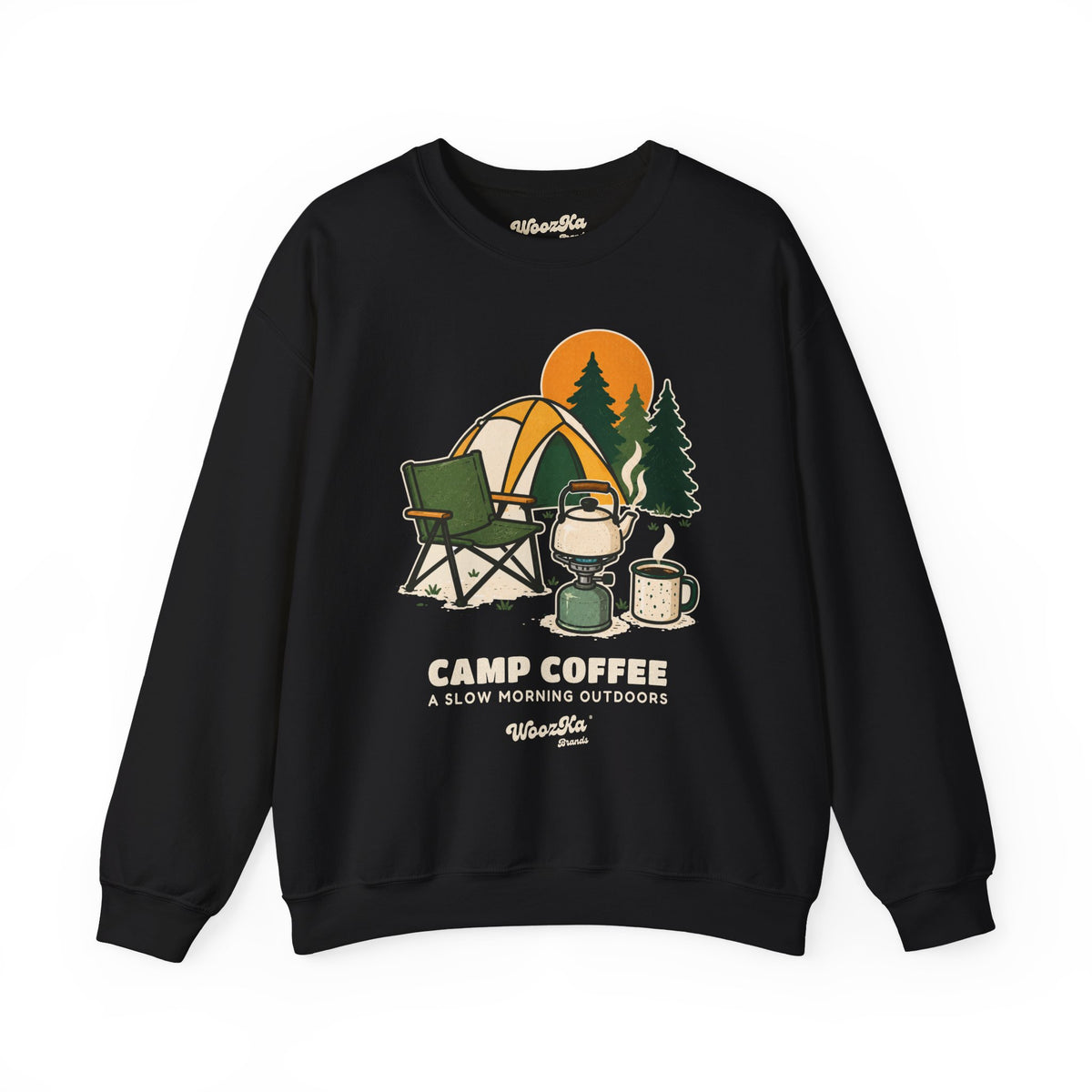 WoozKa Brands Camp Coffee Camping Crewneck Sweatshirt, Front Graphic