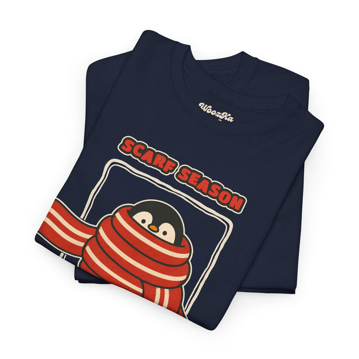 WoozKa Brands Scarf Season Penguin Heavy Cotton T-Shirt, Front Graphic