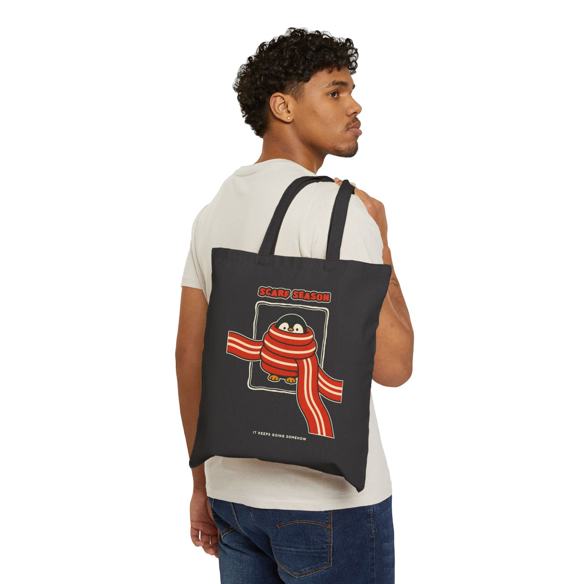 WoozKa Brands Scarf Season Penguin Canvas Tote Bag