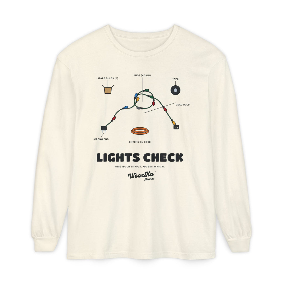 WoozKa Brands Christmas Lights Long Sleeve Tee, Funny Holiday Front Print