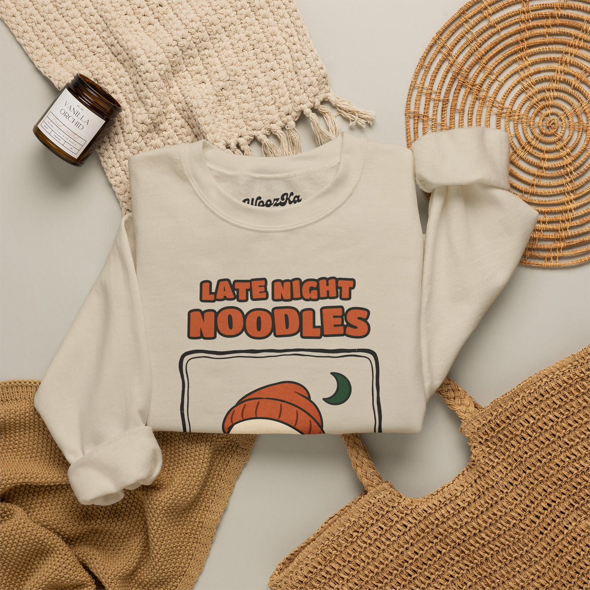 WoozKa Brands Late Night Noodles Ghost Crewneck Sweatshirt, Front Graphic