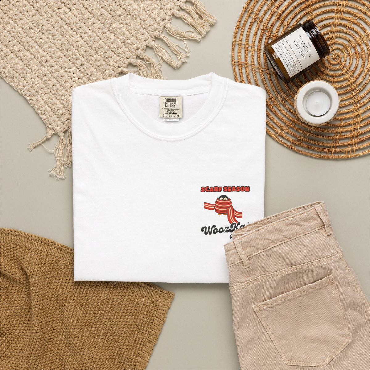 WoozKa Brands Scarf Season Penguin Garment-Dyed T-Shirt, Two-Sided Graphic
