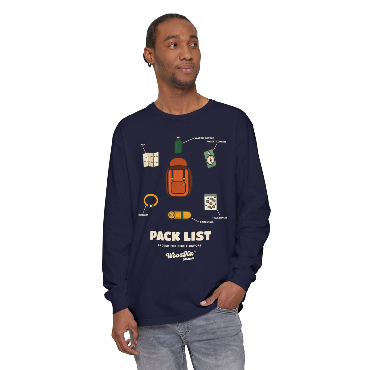 WoozKa Brands Hiking Long Sleeve Tee, Backpacking Gear List Front Print