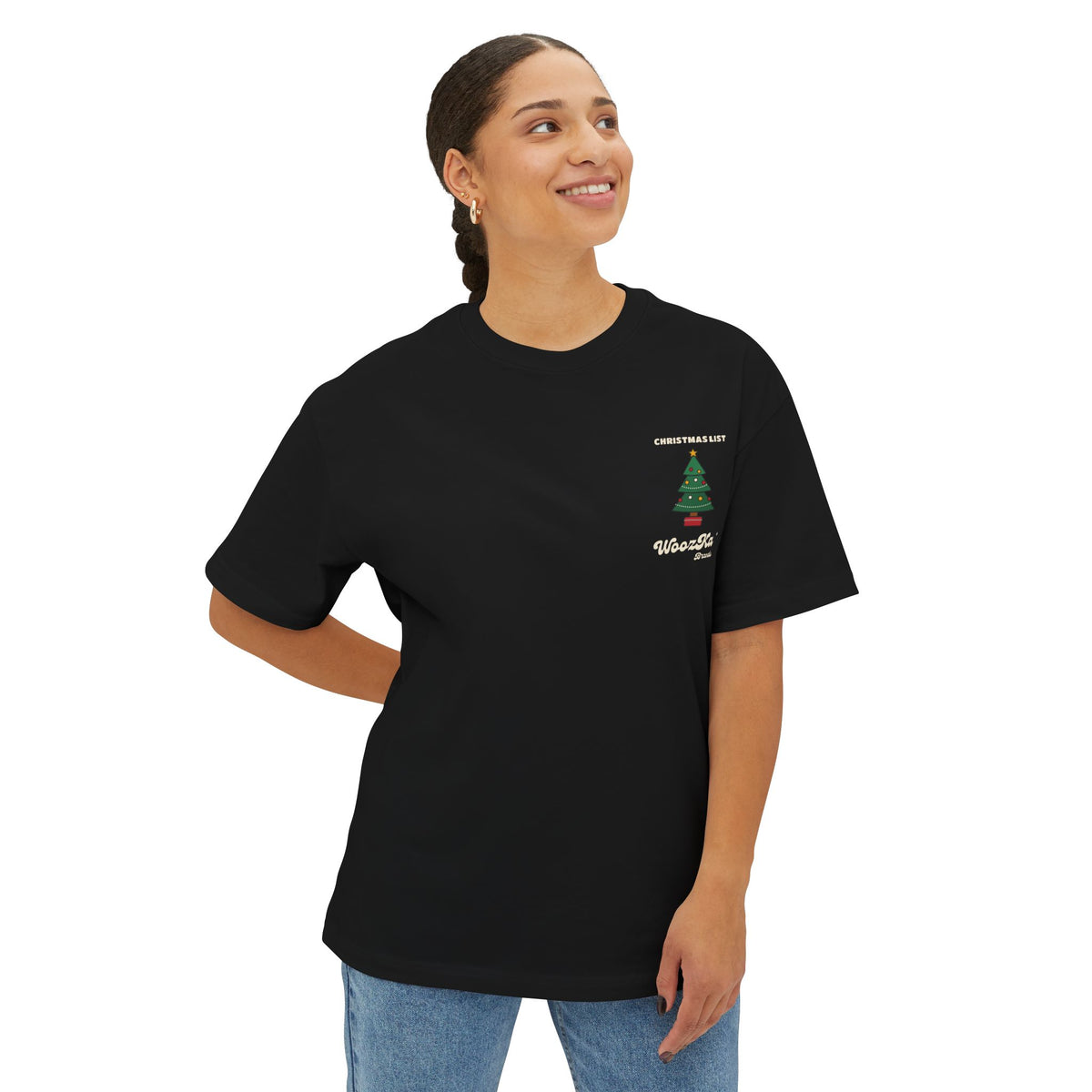 WoozKa Brands Cute Christmas Tree Oversized Tee, Holiday List Back Print