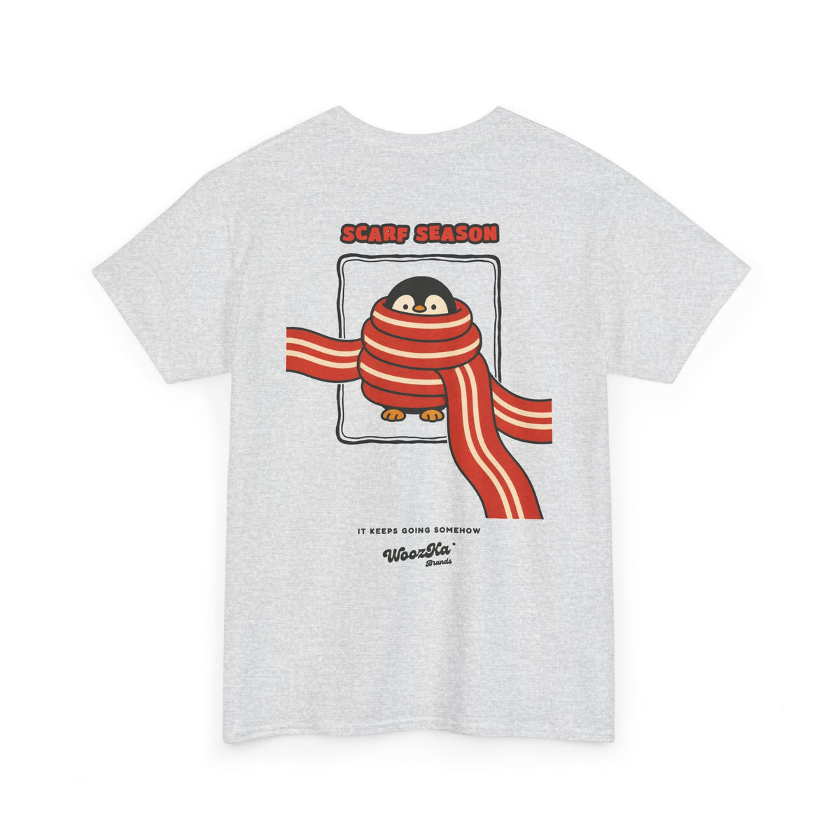 WoozKa Brands Scarf Season Penguin Heavy Cotton T-Shirt, Two-Sided Graphic