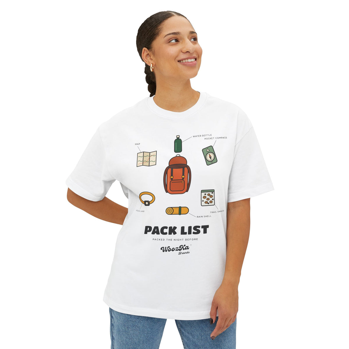 WoozKa Brands Hiking Oversized Tee, Backpacking Gear List Front Print