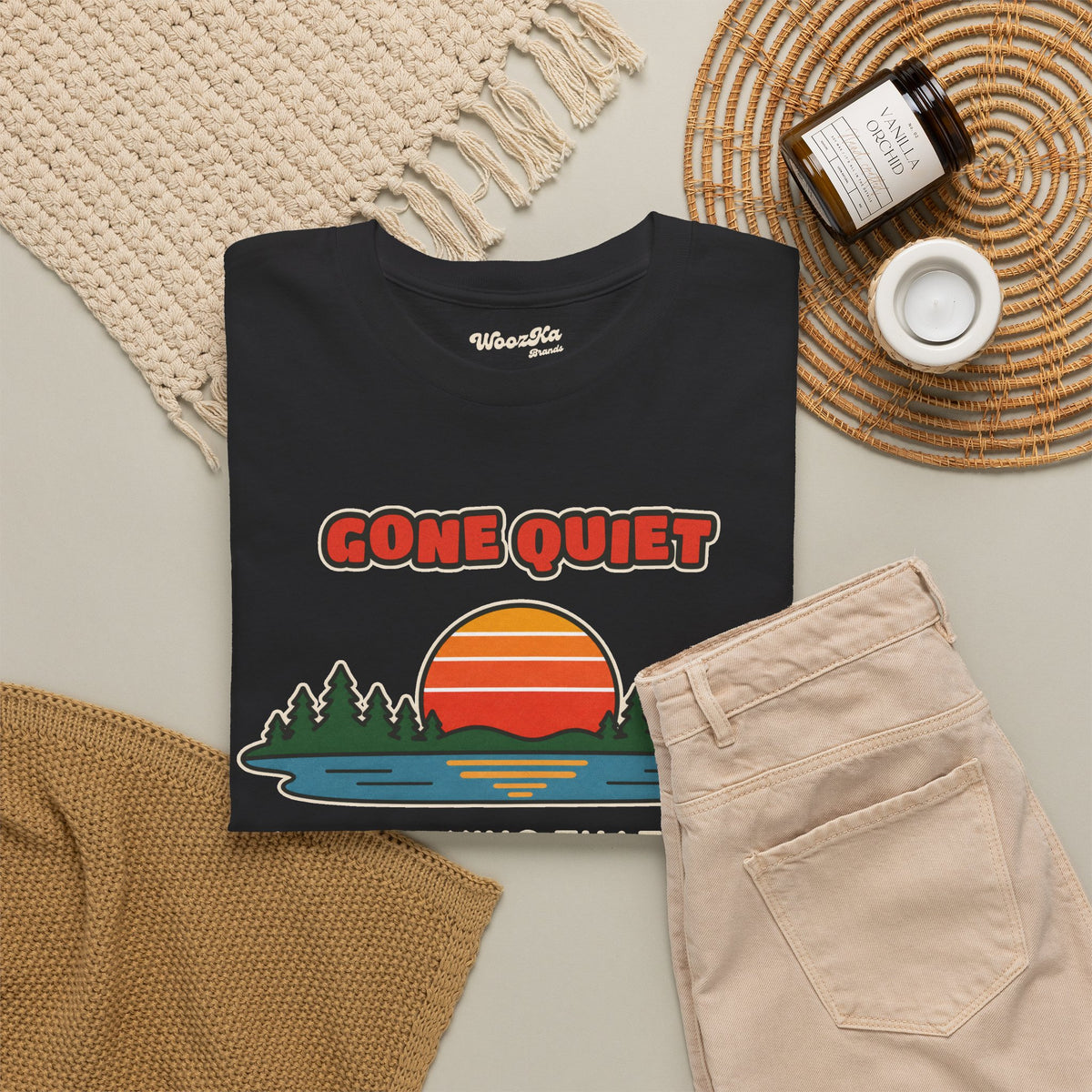 WoozKa Brands Retro Sunset Lake T-Shirt, Nature Outdoors Pine Front Print