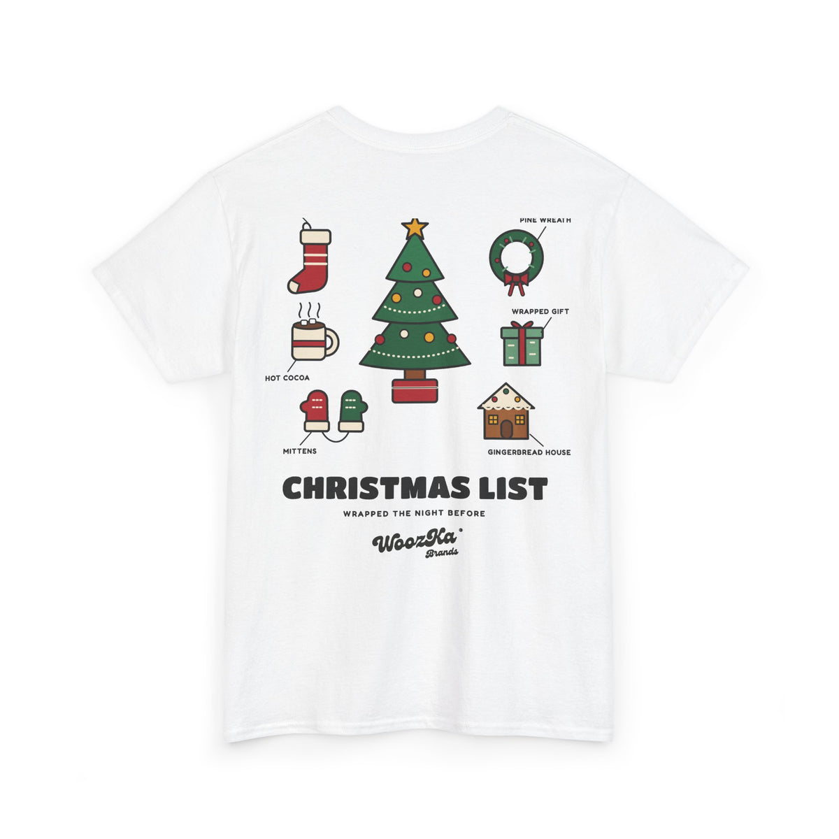 WoozKa Brands Cute Christmas Tree T-Shirt, Holiday List Back Print