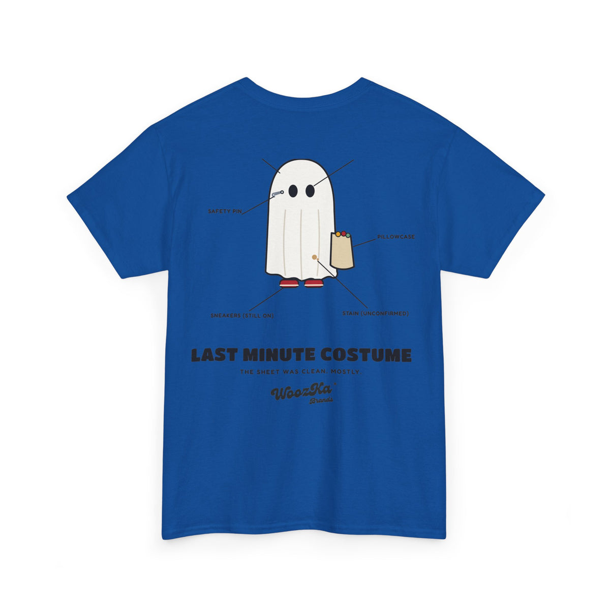 WoozKa Brands Lazy Halloween Costume T-Shirt, Funny Ghost Sheet Back Print