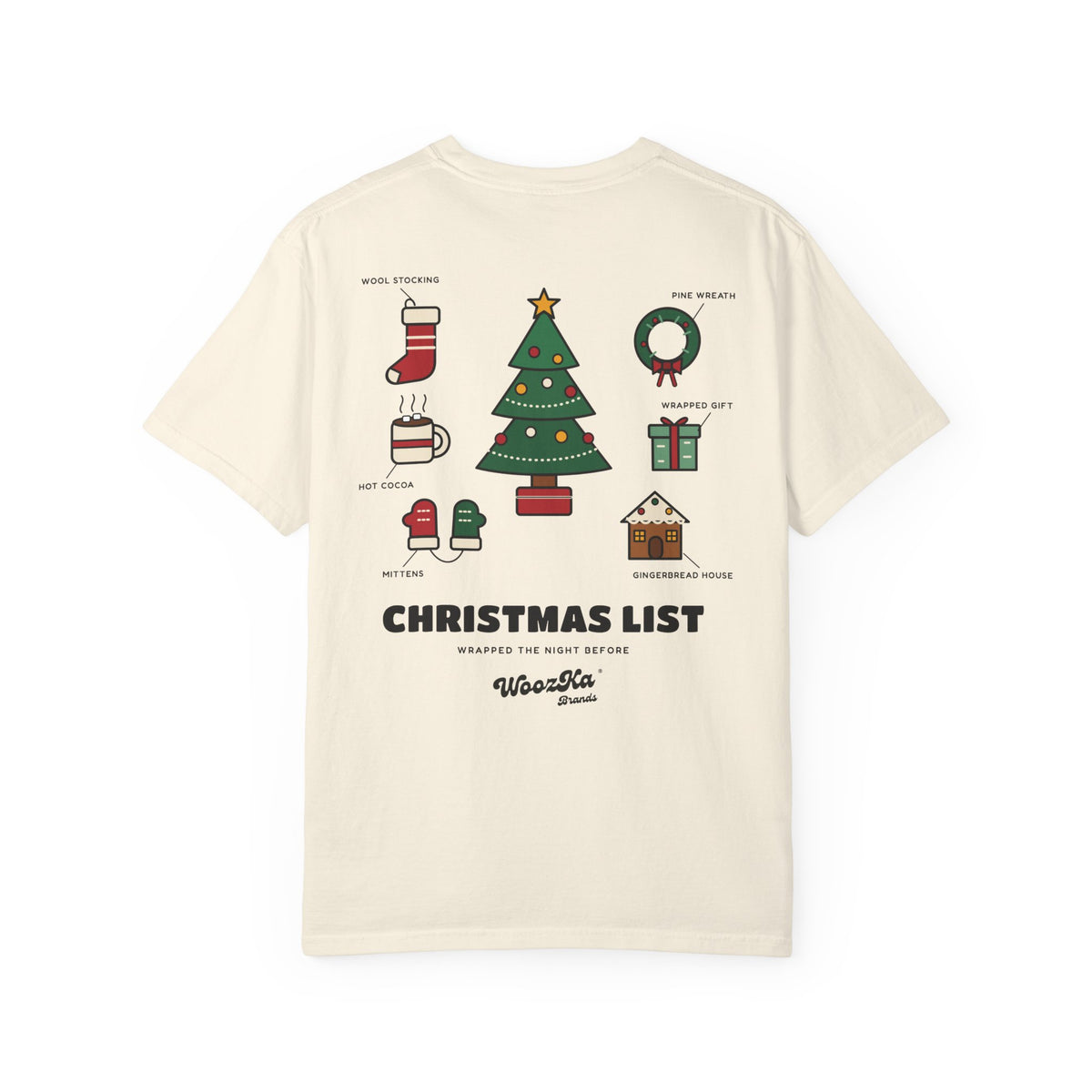 WoozKa Brands Cute Christmas Tree Heavyweight Tee, Holiday List Back Print
