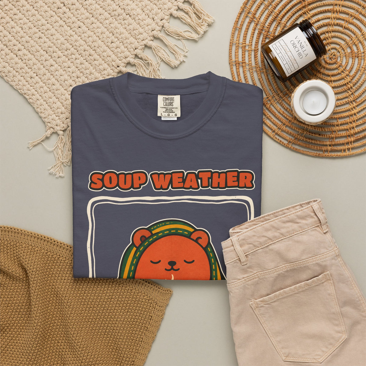 WoozKa Brands Soup Weather Bear Garment-Dyed T-Shirt, Front Graphic